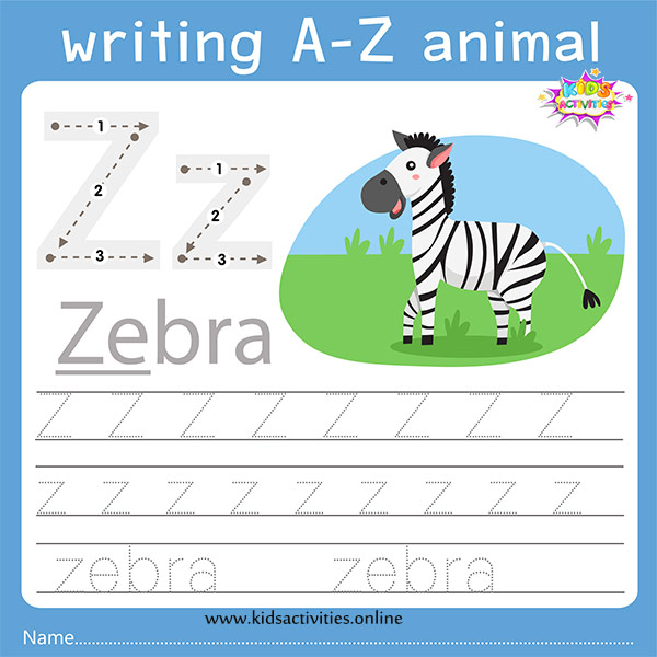 Tracing letters worksheet: Z z writing alphabet (a-z) ⋆ Kids Activities