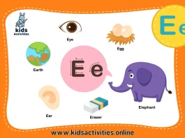 Letter E Words and Pictures Printable Cards preschool