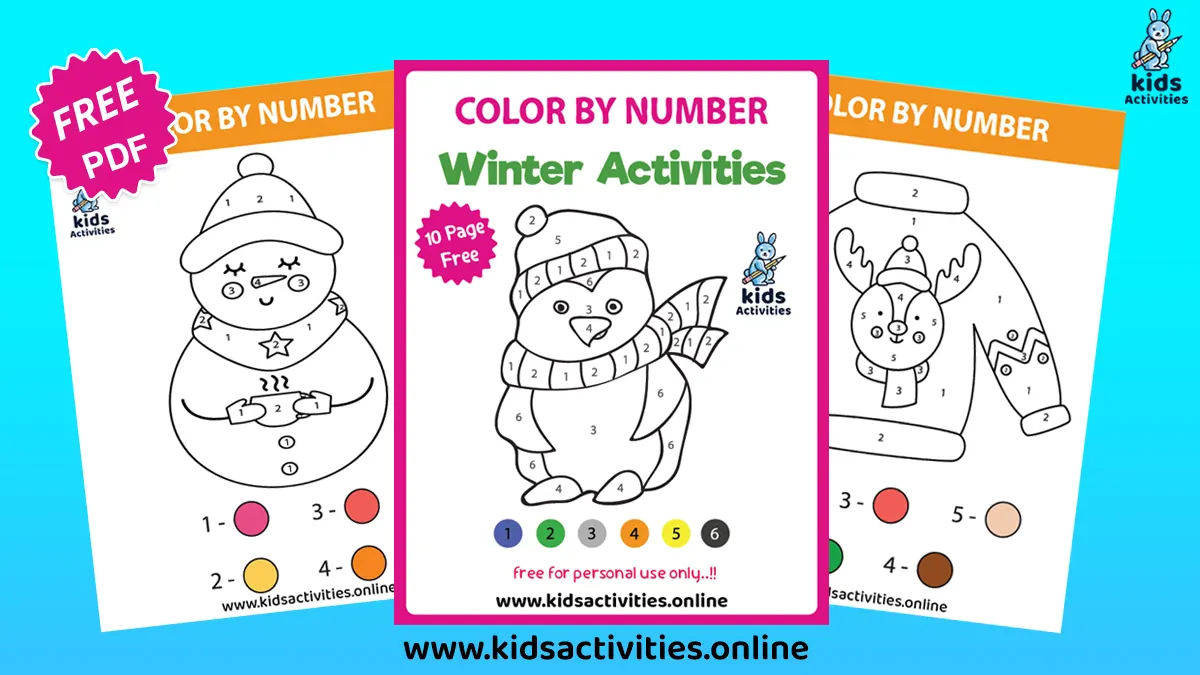Winter color by number coloring pages pdf free